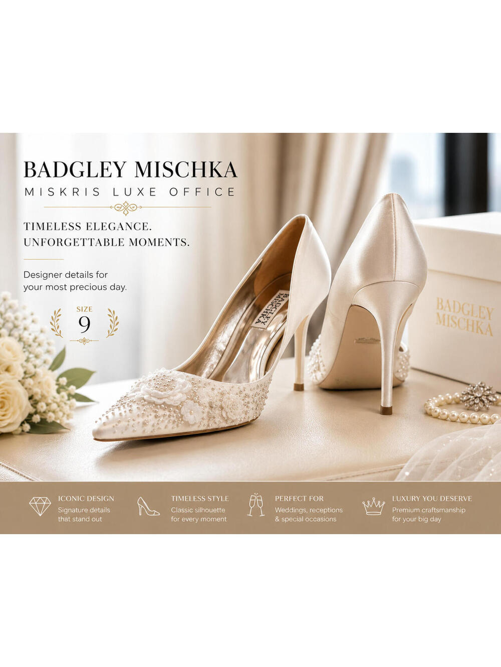 Badgley Mischka Ivory Satin Embellished Bridal Heels Pumps Women’s Size 9 Weddin - Picture 1 of 7